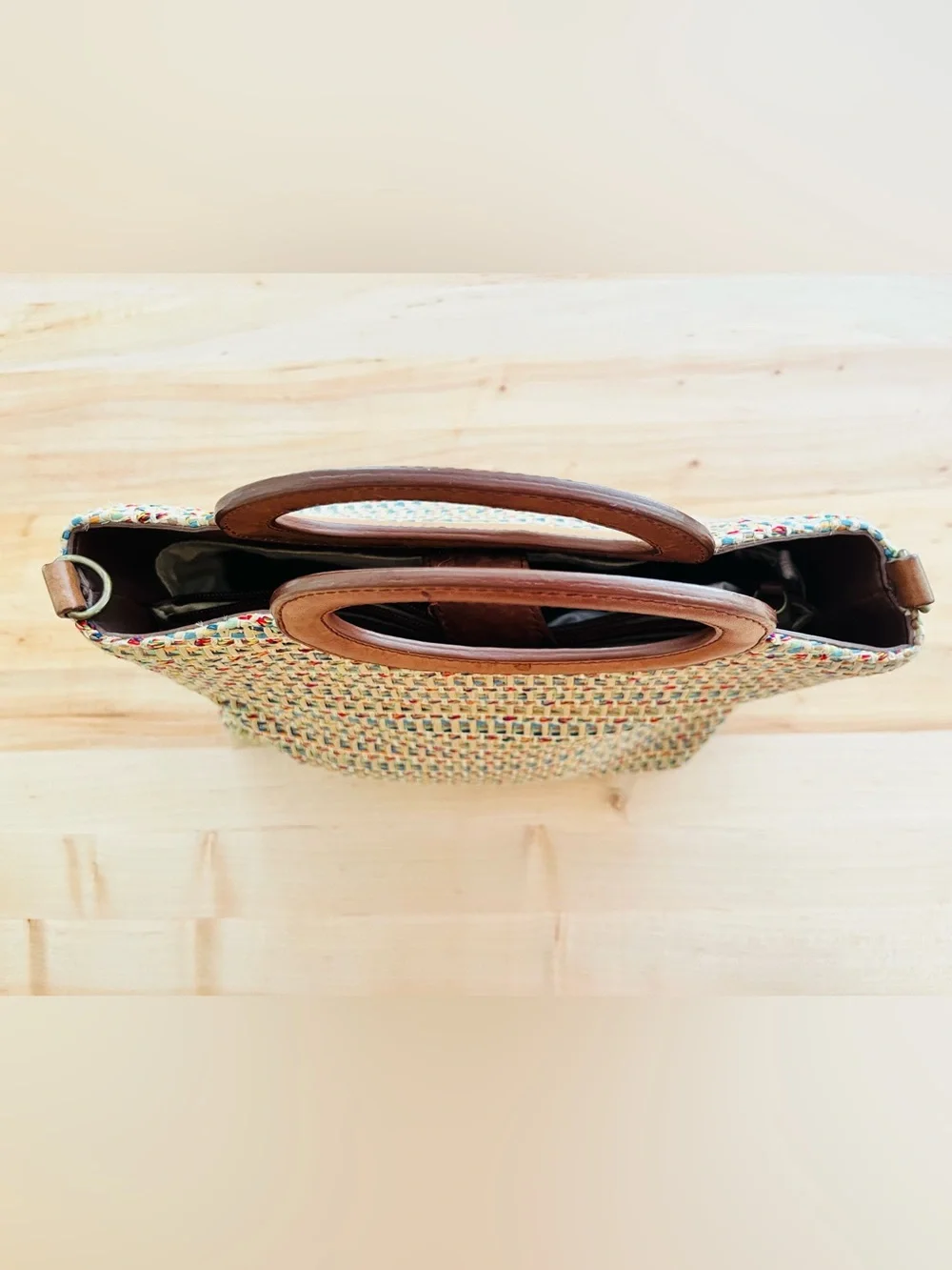 Fossil Vintage Multicolor Woven Straw Tote with Brown Leather Oval Handles
